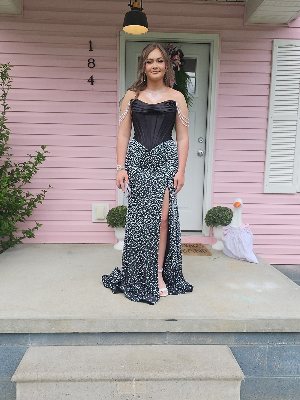 Sherri Hill Black Corset Sequin Split Prom Gown with Pearl Shoulder Drapes